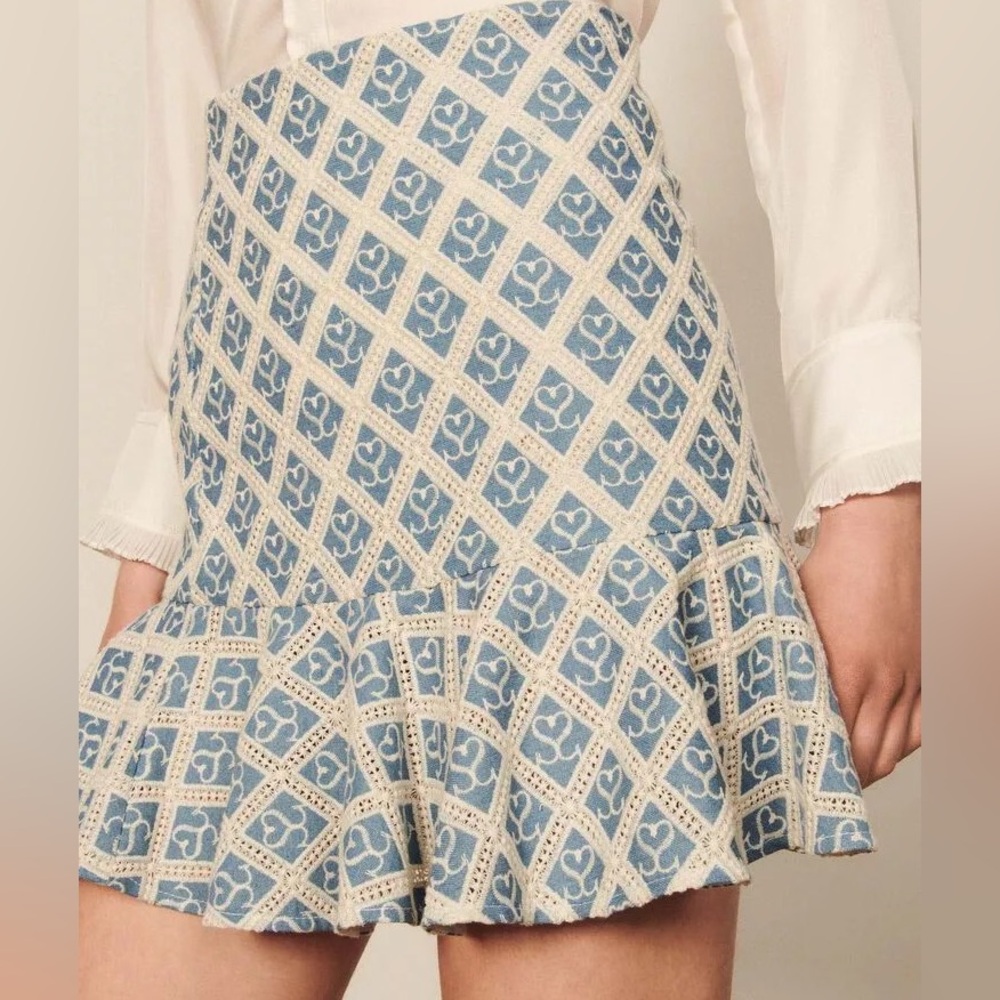 Sandro Mafalda Blue White Monogram Jacquard Flared Mini Skirt NWOT FR 40/US 8